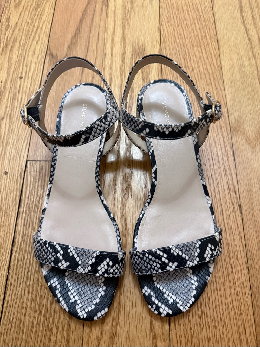 Stuart Weitzman Dancer 35 Block Sandal in Snake Printed Leather